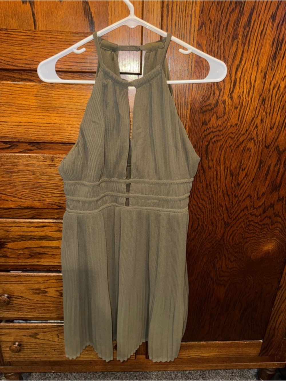 H&M Olive Green Pleated Halter Midi Dress